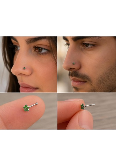 925 Ayar Gümüş Burun Hızması Yeşil Çiçek Desenli Minimal Nose Stud Kadın Erkek Unisex 8 Mm Gri
