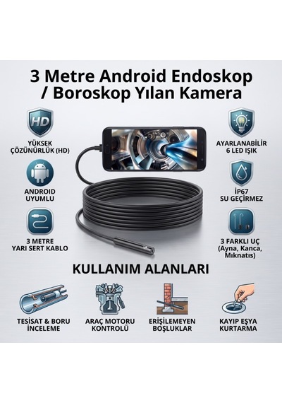 Delux Serisi Kuytu Köşeler Cihaz Kontrol Detay İnceleme 3 Metre Yılan Kamera - Android Destekli Ip67