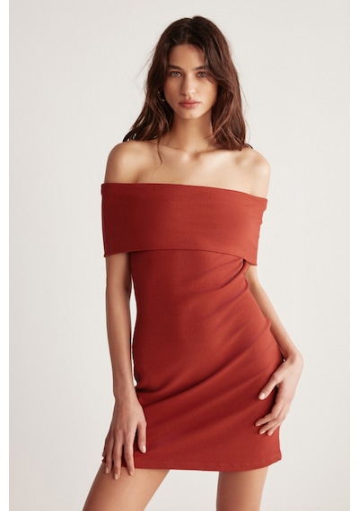 Grımelange Julene Kadın Esnek Fitilli Kumaşlı Bardot Yaka Bodycon Vücüdu Saran Midi Kiremit Rengi Elbise