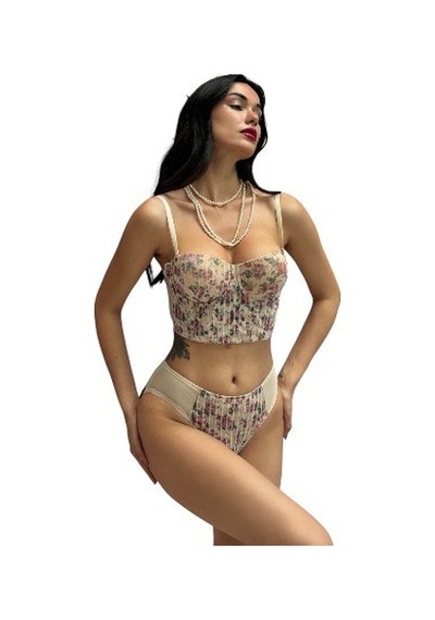 Onsekiz18shop Destekli Güllü Ten Rengi Çiçek Baskılı Büstiyer Takım