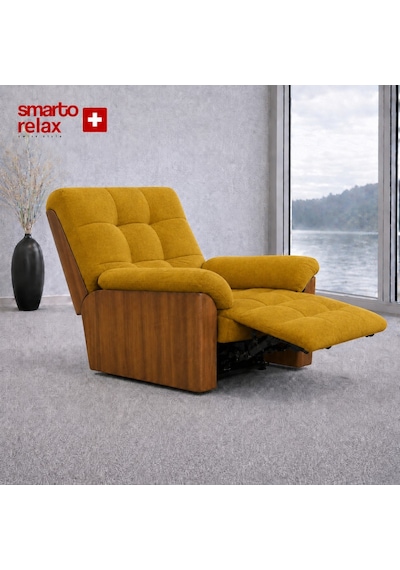 Smarto Relax Porto Tv Koltuğu Elektrikli Masajlı Isıtmalı Döner Sallanan Ahşap Yan Panelli Polyester Kumaş Baba Koltuğu Sarı