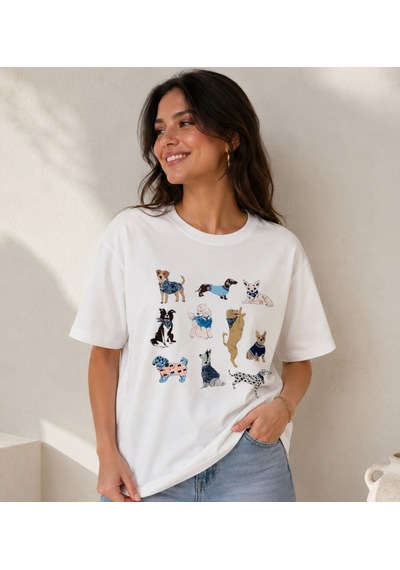 Köpek Figürlü Oversize T-shirt Ekru Beyaz