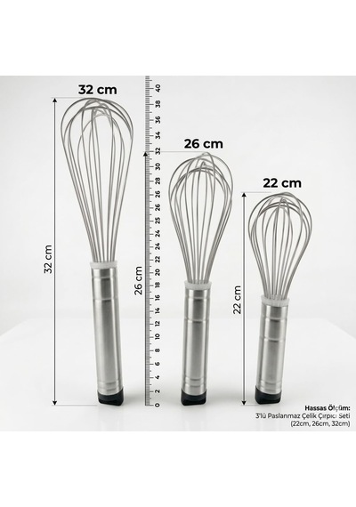 Uyt Life 3'lü Paslanmaz Çelik Çırpıcı Seti - 22cm, 26cm, 32cm Ergonomik Saplı Yumurta Ve Sos Çırpma Teli - Mu Diğer