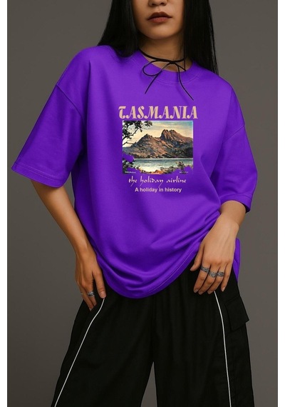 Tasmania Baskılı Unisex Oversize Tişört Mor