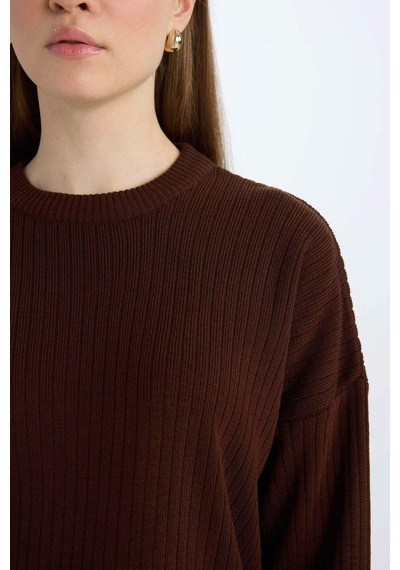 DeFacto Relax Fit Bisiklet Yaka Basic Düz Triko Tunik Kazak E2938AX24WNBN320 Kahve
