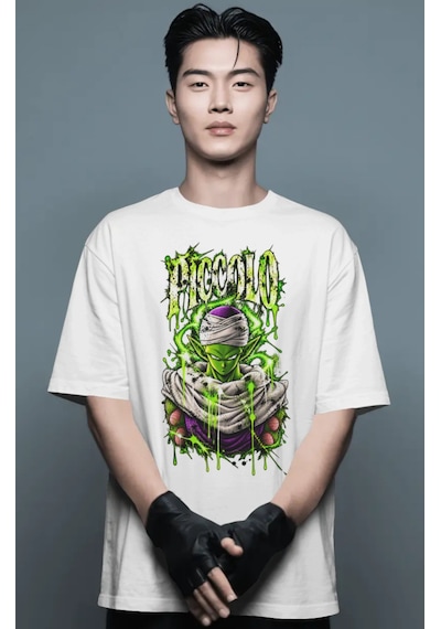 Unisex Oversize Piccolo Dragon Ball Anime Karakter Ön Baskılı Pre Beyaz