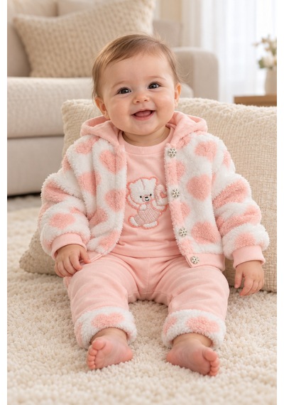 Ahengim Kız Bebek 3 Parça Takım Kapüşonlu Peluş Ceket Ayıcık Nakışlı Üst Ve Pantolon Ak2482 Pudra