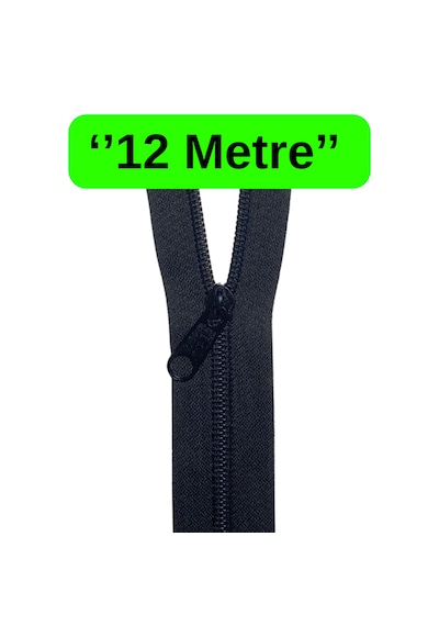 12 Metre Siyah Metrelik Fermuar + 12 Adet Siyah Fermuar Başlığı
