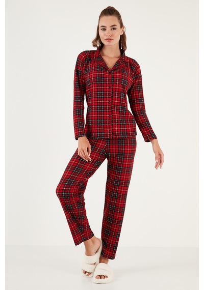 Lela Desenli Beli Lastikli Gömlek Yaka Dokuma Bayan Pijama Takımı 6095660W4 Kırmızı-Lacivert