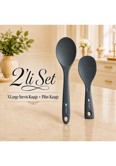 Sariva Home Ivory Silikon Xl Large Servis Kaşığı Ve Pilav Kaşığı 2'li Set Yapışmaz Tencere Uyumlu Isıya Dayanıklı Mutfak Servis Seti Ivory