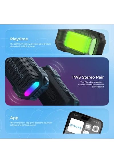 Proove Black Rock 10w Taşınabilir Bluetooth Hoparlör Tws & Rgb Işıklı Ipx7 Su Geçirmez Manyetik Mıknatıslı