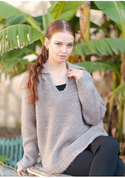 Gömlek Yaka Oversize Basic Kazak Vizon