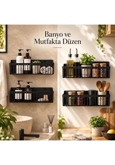 Lexroo 2 Li Yapışkanlı Banyo Ve Mutfak Rafı, Siyah Plastik 25 X 10 X 10 Cm