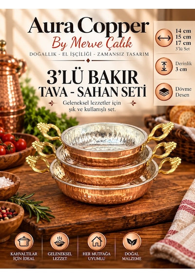 3'lü Bakır Sahan Tava Seti Dövme Çift Kulplu Yumurta Menemen Tavası 21-22-24 Cm