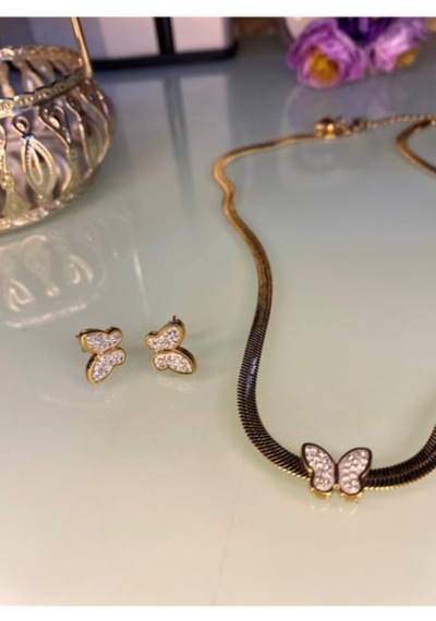 Kadın Kelebek Detaylı Kolye Küpe Çelik Set 8873