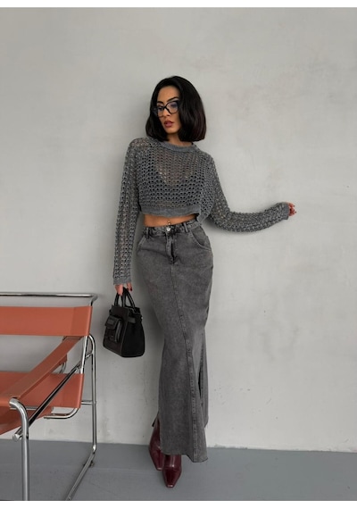 Zeo Basic Yanlardan Yırtmaçlı Füme Jean Maxi Etek Siyah/Füme