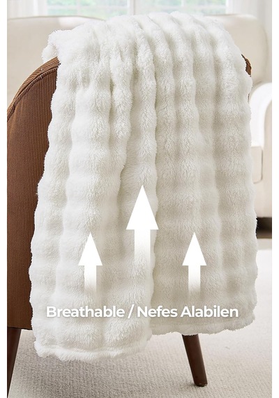 Kürk Bubble Battaniye Seti Çift Kişilik Peluş Tavşan Tüyü 3 Parça Yumuşak 220x240 Cm Krem Kırık Beyaz