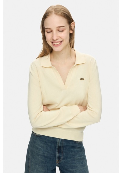Ucla Irene Kemik Rengi Polo Yaka Triko Metal Logolu Standard Fit Kadın Triko Kemik Rengi