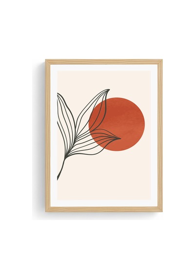 Doğal Ahşap Çerçeveli Minimal Yaprak Desenli Tablo - Canlı Tonlar Huhu1039