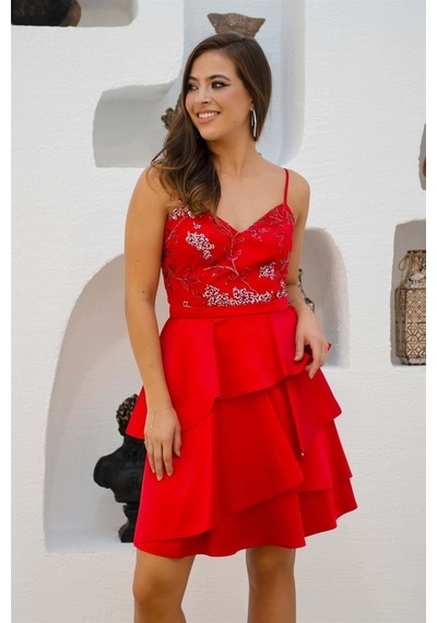Carmen Kadın Saten Eteği Katlı Abiye Elbise 5817035 Kırmızı Kırmızı