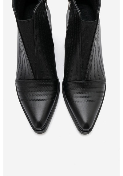 Luvi Shoes Lemma Siyah Cilt Hakiki Deri Lastik Detaylı Kadın Kalın Topuklu Bot