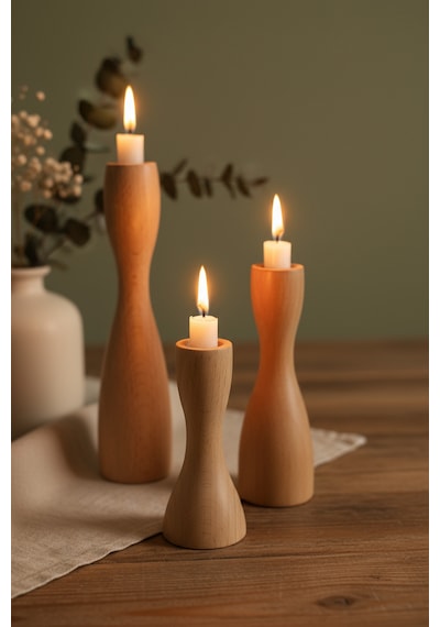 Dekoratif 3’lü Ahşap Mumluk Set Modern Minimalist Doğal Şamdan Ofis Ev Mum Standı Rustic