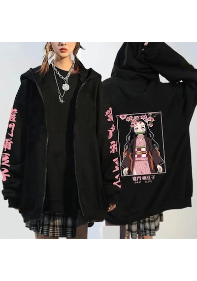 Adrift Nezuko Anime Demon Hoodie Kimetsu Fermuarlı 15123 Siyah