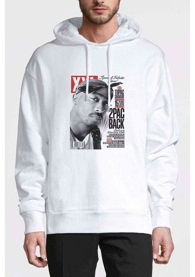 Rap Hiphop 2Pac Back Cover Baskılı Beyaz Erkek Kapşonlu Sweat