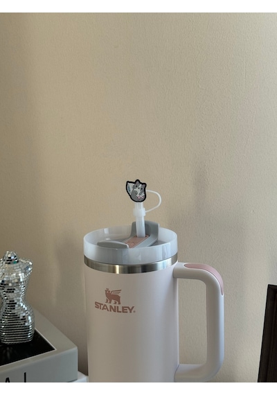 Sevimli Kedi Model Silikon Toz Geçirmez Sızdırmaz Pipet Kapağı 1 Adet Stanley Termos Ile Uyumlu Beyaz
