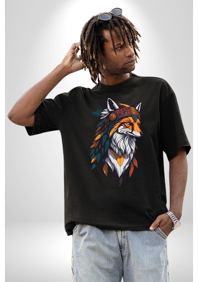Kızılderili Tilki Pamuklu Bisiklet Yaka Unisex Oversize Boyfriend Dijital Baskılı Siyah T-shirt Siyah