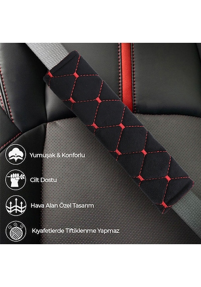 Kırmızı Baklava Desenli Yumuşak Siyah Kumaş Emniyet Kemer Kılıfı Çift Takım Kmkd-01