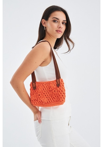 Peraluna Aila Bag %100 Pamuk Çiçek Desen El Yapımı Kadın Triko Ça Neon Turuncu-Standart