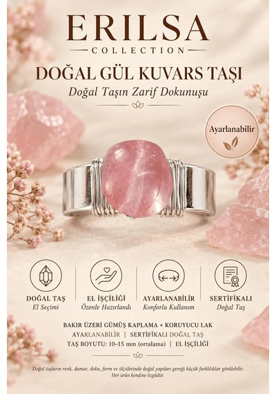 Sertifikalı Doğal Gül Kuvars Taşı Ayarlanabilir El İşçiliği Gümüş Çok renkli