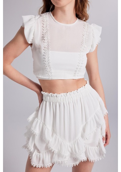 Holly Lolly Brode Detaylı Crop Pixie Bluz Beyaz