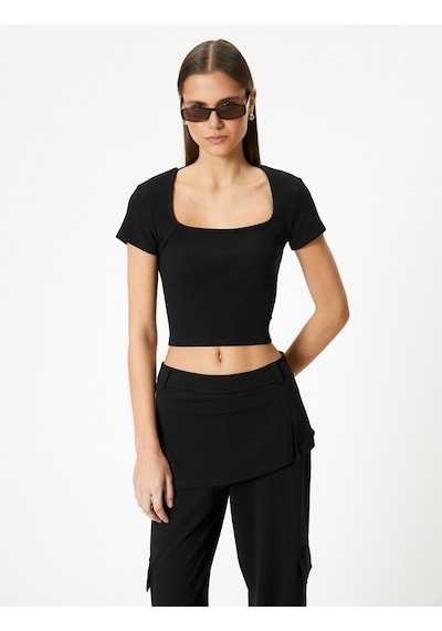 Koton Sırt Dekolteli Tişört Crop Kısa Kollu Fitilli Slim Fit Siyah 4sal10804ık Siyah