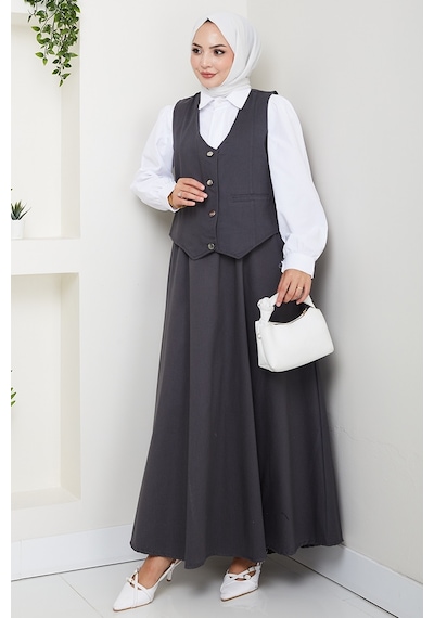 Bestenur İkili Gabardin Yelek Etek Takım 1400 - Antrasit Antrasit
