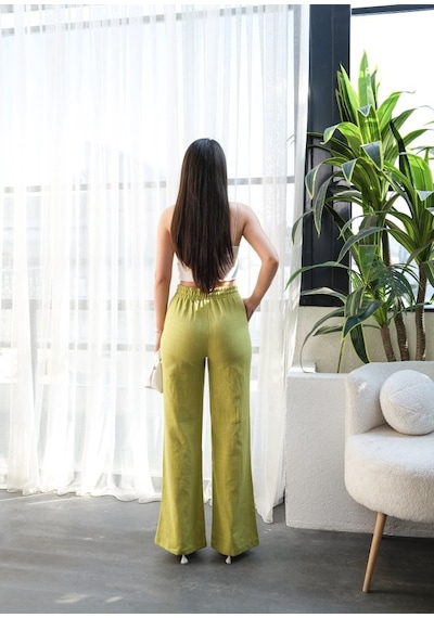 Etiler Collection Beli Lasti Kli Ve Bağcikli Keten Pantolon Yağ Yeşili