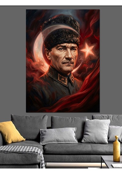 Ay Yıldızlı Atatürk Portresi Tasarımı Dekoratif Kanvas - Mdf Ahşap Tablo