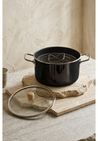 Titan Cook Ahşap Kulplu,paslanmaz Saplı Siyah Süzgeçli Emaye Kızartma Tenceresi 22 Cm Siyah