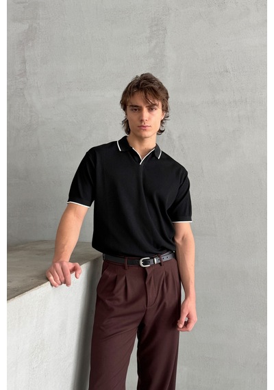 Erkek Oversize Selanik Polo Yaka Triko T-shirt Siyah