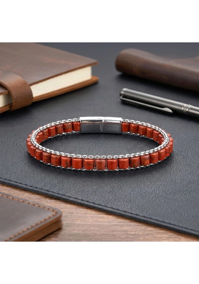 Moncuk Design Kırmızı Jasper Doğal Taşlı Hasır Örgü Zincirli Erkek Çelik Bileklik 33512b28d18 Kahverengi