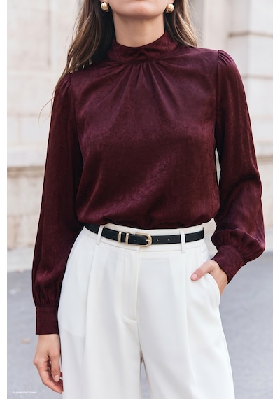 Sateen Uzun Kollu Bluz - Bordo-137849