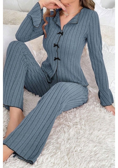 Bella Notte Mavi Uzun Kollu Fiyonk Detaylı Pijama Takımı