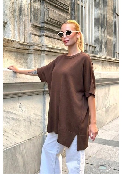 Veraura Lifestyle Kahverengi Oversize Triko Bluz