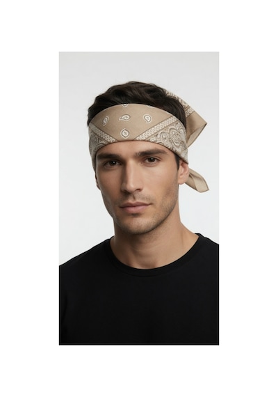 Mollycrush Unisex Bej Şal Desenli Bandana Günlük Saç Aksesuarı, Boyunluk Ve Outdoor Fular Bej