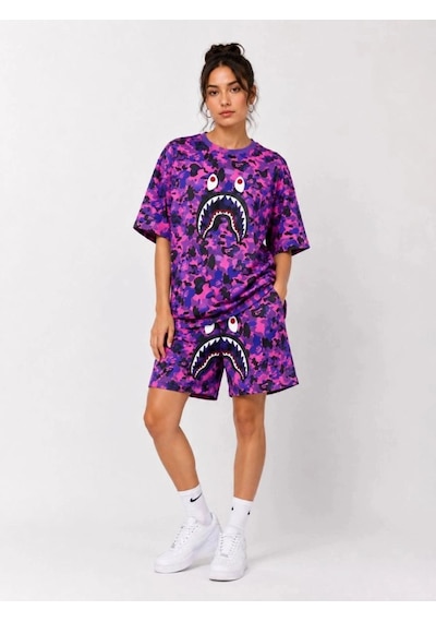 Freedom Storee Kadın Oversize Kalıp Pubg Bape X Shark Nakışlı Cepli Şort Takım - Mor Çok Renkli