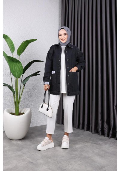 Harman Butik Kadın Cepli Düğmeli Kot Ceket Siyah Siyah