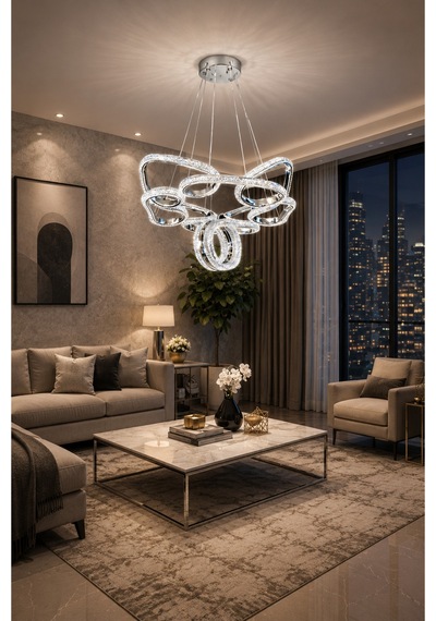 Porto Lüks Cristalya Serisi Orjinal Krom Kaplamalı 3 Renk Ledli Sarkıt Ledli Avize Modern Led Avize-çap 45 Cm Krom Krom