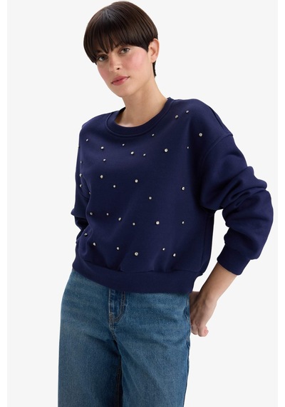 Defacto Boxy Fit Bisiklet Yaka İşlemeli Kalın Sweatshirt G2153ax25wnnv28 Lacivert