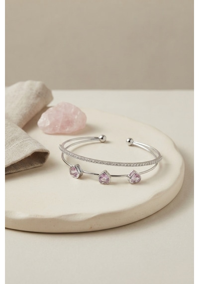 Pembe Kalp Model Zirkon Taşlı Gümüş Renk Kadın Bileklik - Lisinya